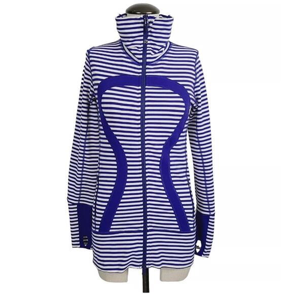 Lululemon In Stride Jacket Women's 4 Blue White Narrow Stripe Zip Up Athleisure - Picture 2 of 8